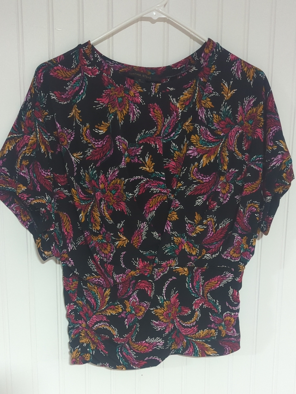 Cynthia Steffe Black Floral Multicolor Short Sleeve Blouse